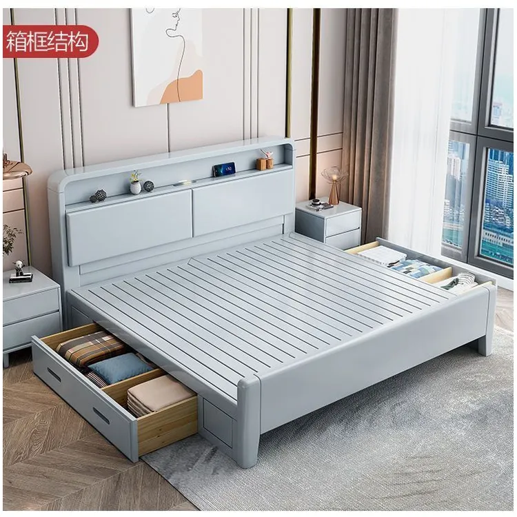 北欧白色女生卧室床实木床家用床头软包储物床橡胶木高极灰