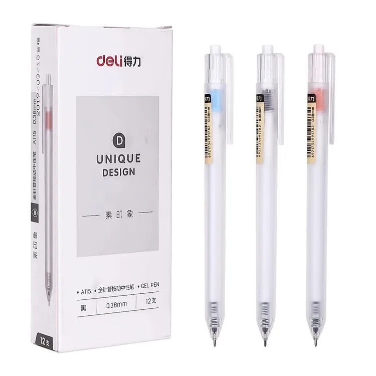 得力A115素印象0.38按动全针管中性笔黑红签字笔学生办公简约水笔