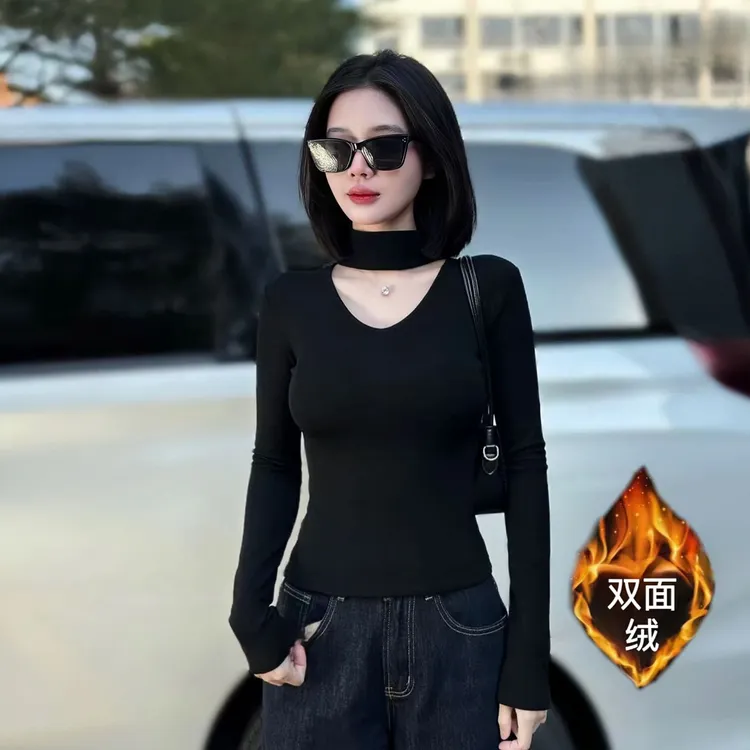 冬季新款挂脖半高领打底衫内搭镂空修身长袖双面耶油绒T恤上衣女