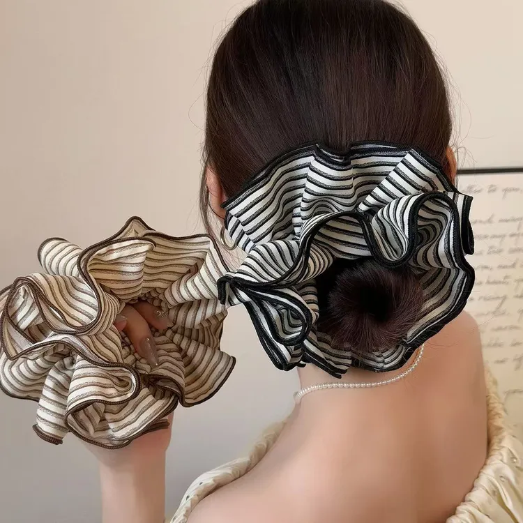 韩版复古条纹布艺大肠发圈高级感马尾发绳后脑勺扎发头绳气质头花