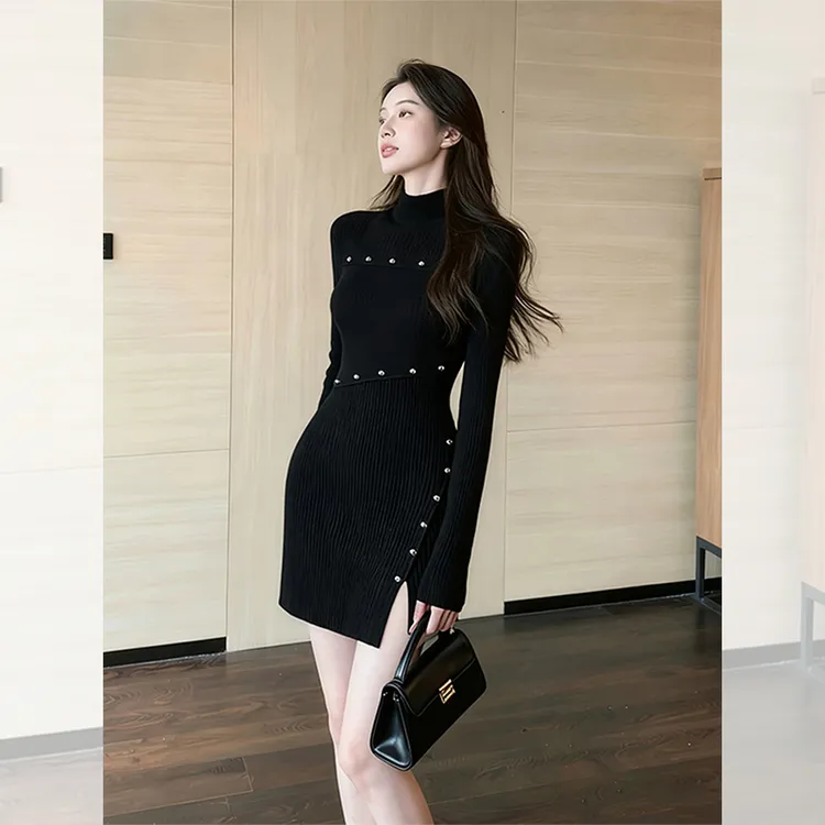 入冬漂亮衣服内搭黑色柳丁包臀短裙女装秋冬季高贵气质针织连衣裙