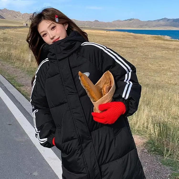 8609#长袖长款染色女纯色印花棉服棉衣保暖连帽冬装过膝宽松