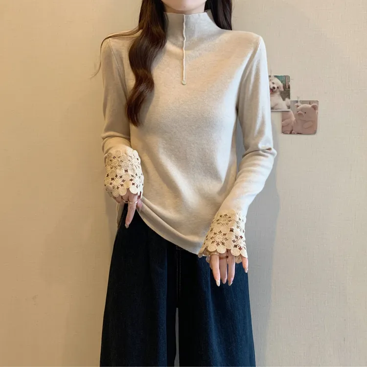 高领蕾丝拼接正肩针织衫内搭大码女装胖mm秋冬款高级感打底衫上衣
