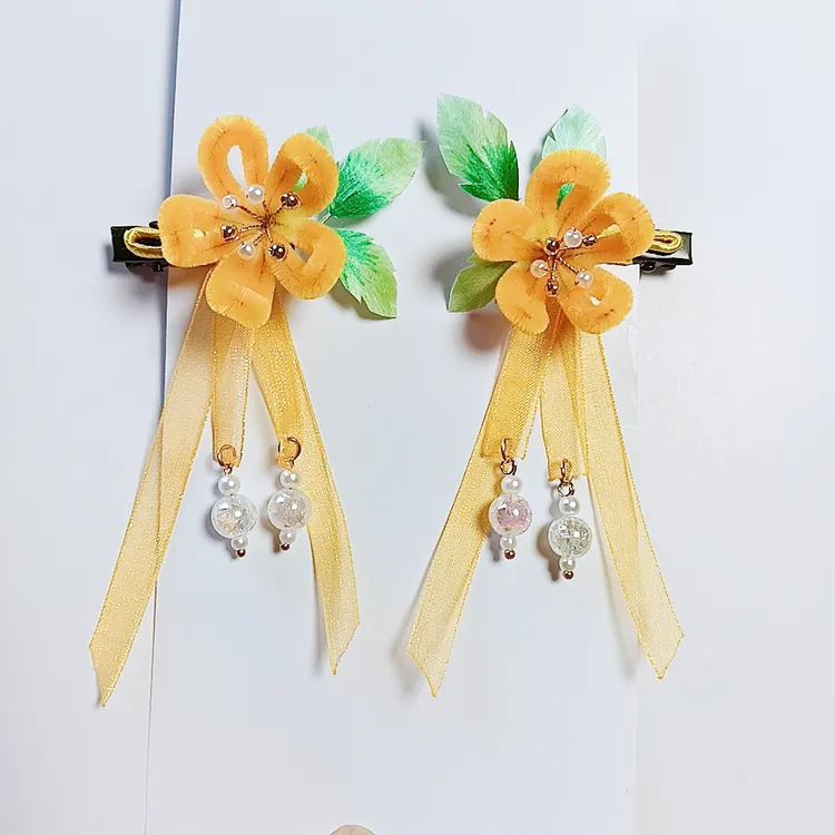 非遗绒花遇到纱蝴蝶结饰品对夹甜美流苏中国风发饰古风发夹