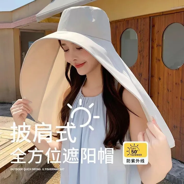 新款草帽大帽檐空顶帽护肩颈一体防晒帽子女夏季渔夫帽防遮阳帽