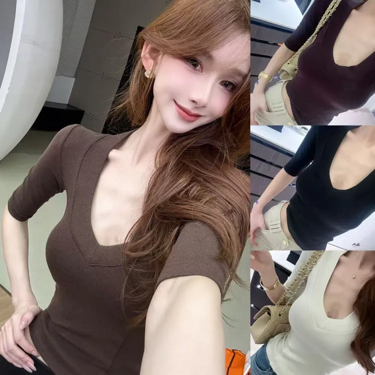 【高智感纸片人】中袖T恤女肌理感修身显腰身桃心领正肩上衣