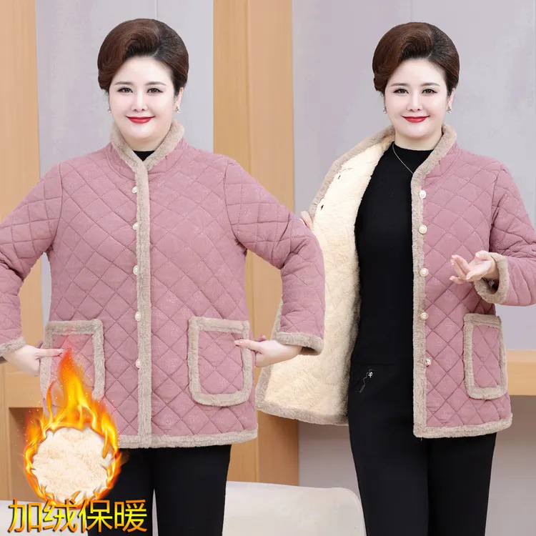 中老年妈妈装冬季加绒保暖宽松洋气时尚小棉衣加肥大码遮肉花棉袄