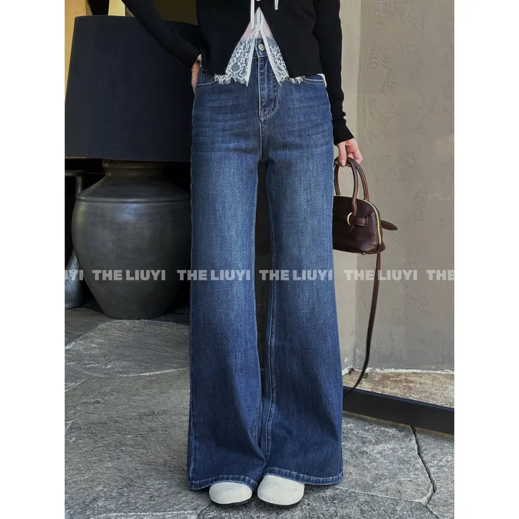 【LIUYI】长腿秘籍~新款四面弹显瘦高腰不贴腿牛仔微喇裤58243