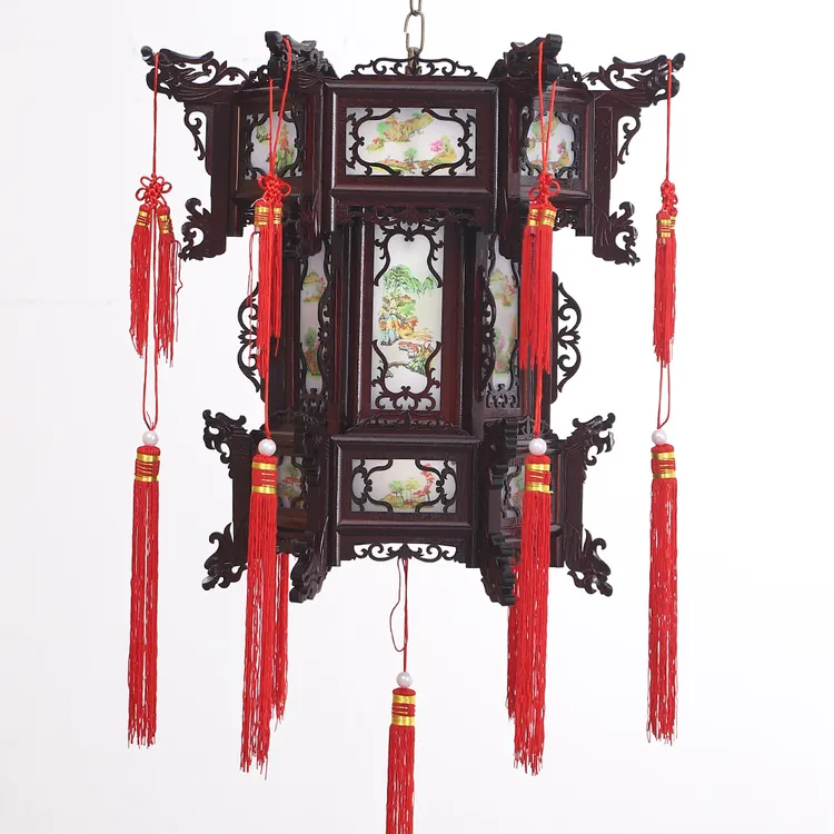 中式实木宫灯中国风灯笼六角PVC仿古阳台别墅大门口户外新年灯笼