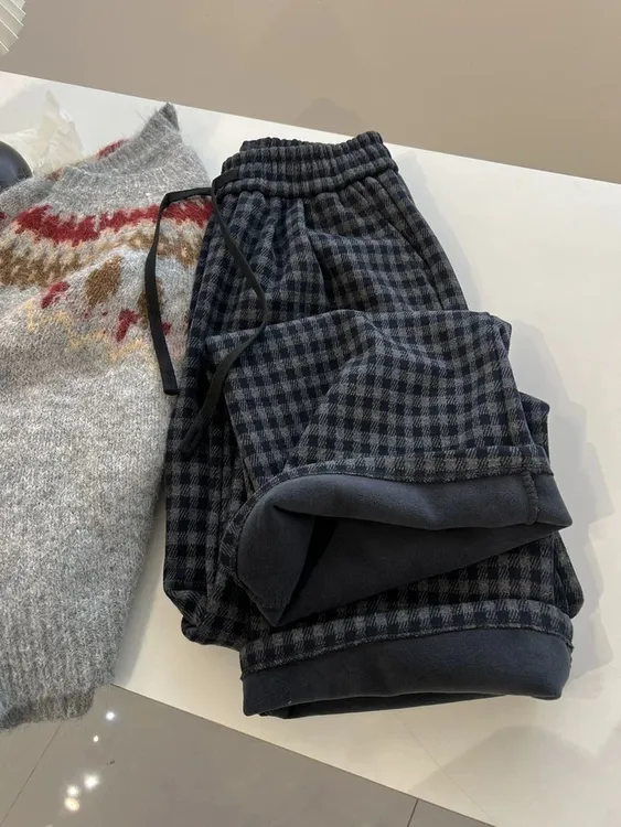 童装女童韩版复古高腰百搭直筒休闲裤女童加绒保暖格子裤洋气冬季