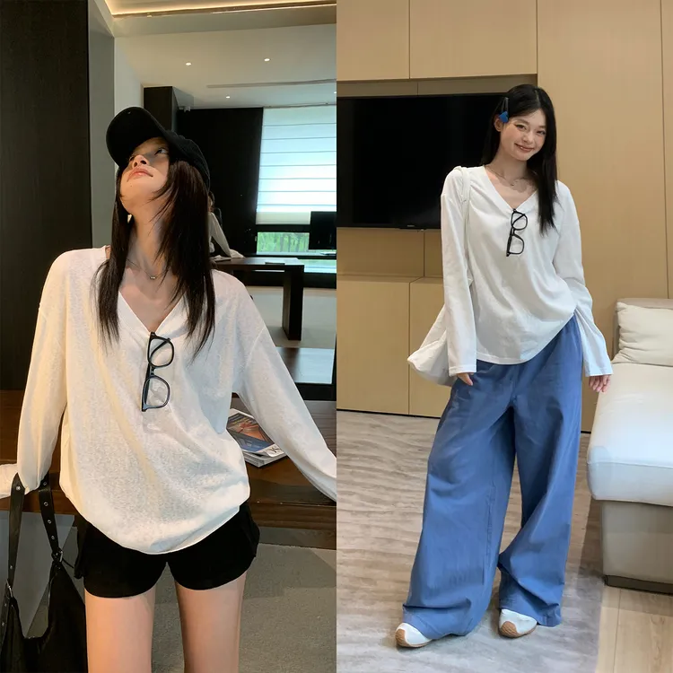 宋正恩白色V领宽松长袖t恤女夏季薄款防晒罩衫高级松弛感纯色上衣