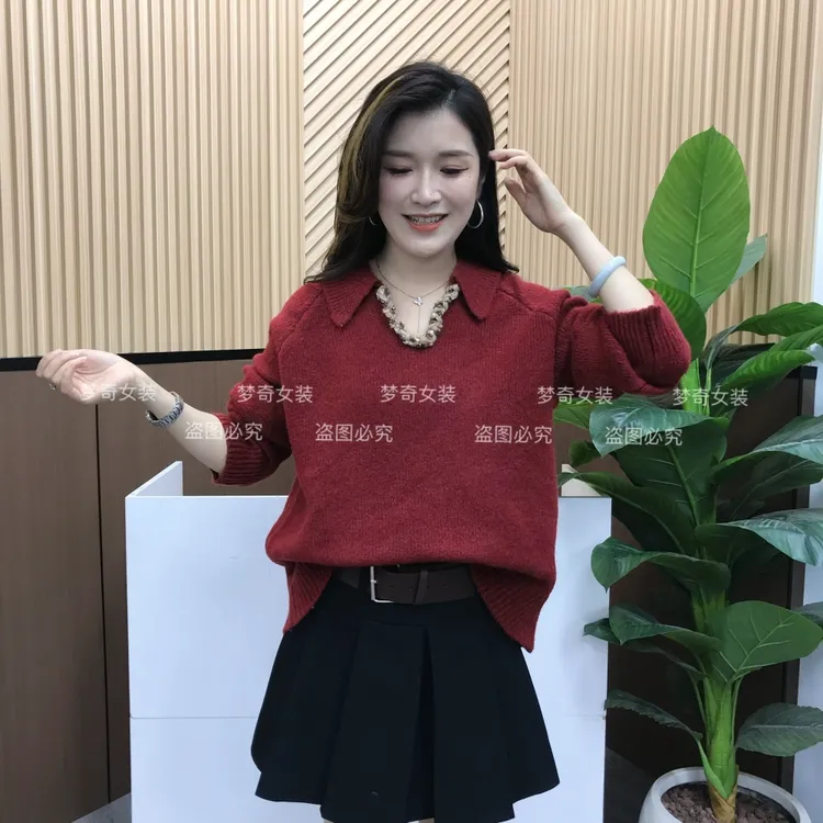 韩系洋气减龄v领翻领毛衣秋冬慵懒高级感超好看宽松针织衫上衣女