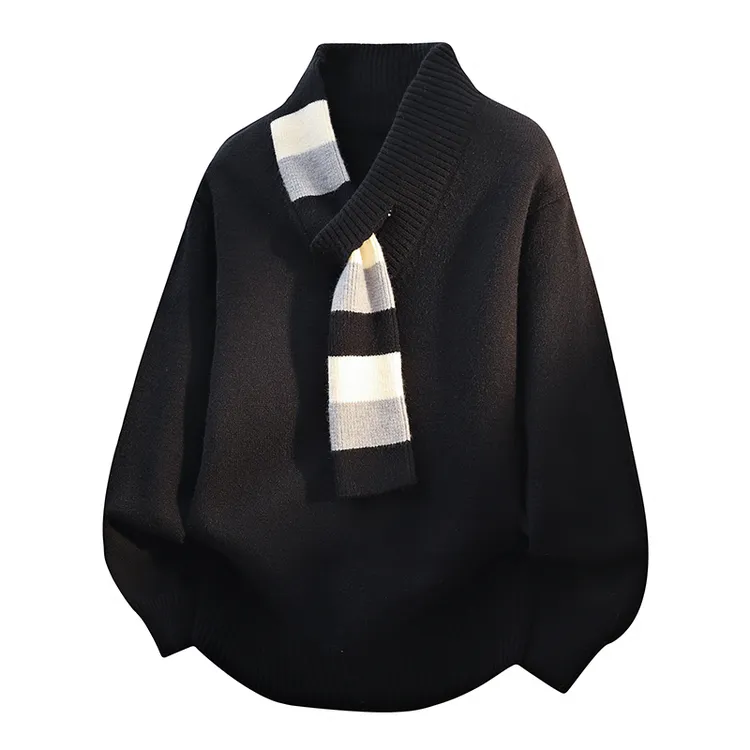 小众设计感毛衣男秋冬2025新款围巾v领加厚针织衫痞帅黑色上衣男