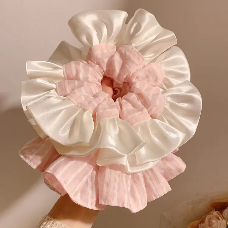 法式温柔粉色条纹缎面大肠发圈女超大号头绳高级感丸子头百搭发饰