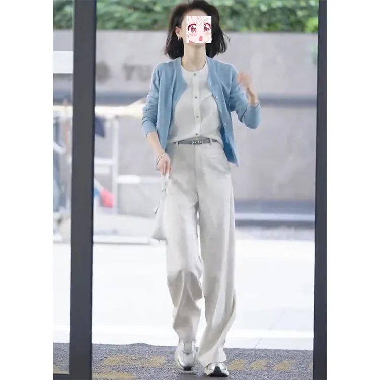 2025早秋韩系气质穿搭一整套假两件针织开衫高腰直筒休闲裤两件套