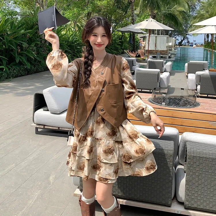 淳启韩系美拉德风碎花洋装套装女春秋季新款显瘦背心两件套百搭潮