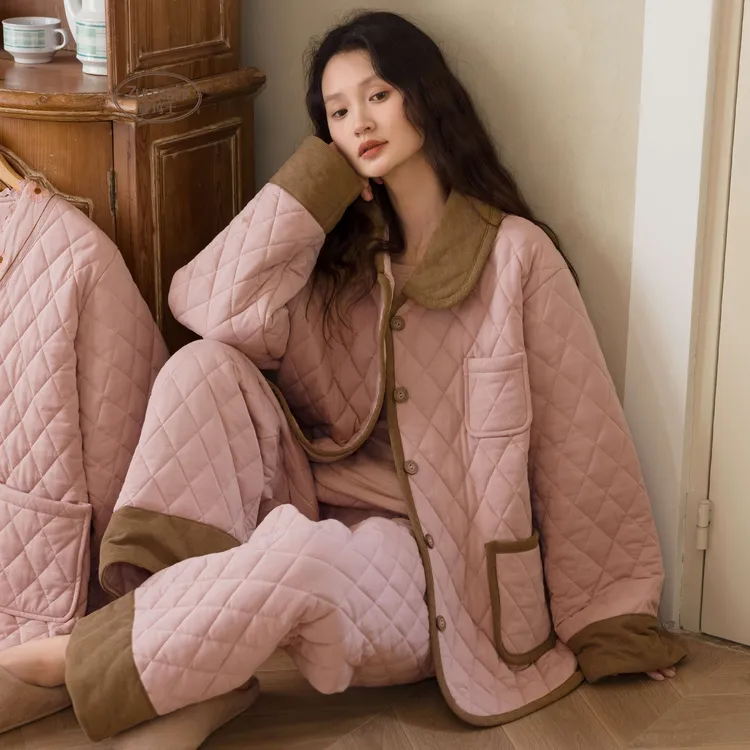 族玛士睡衣女秋冬季2025新款加厚夹棉外穿保暖简约大码家居服套装