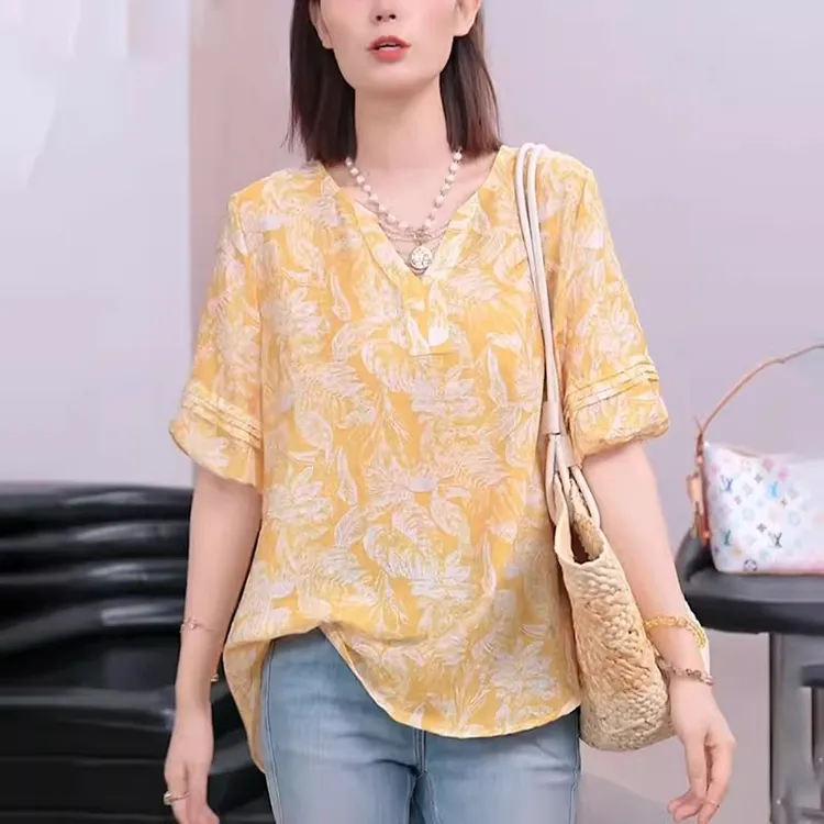 黄色V领衬衫女士2025夏季新款宽松时尚减龄遮肉中袖碎花小衫上衣