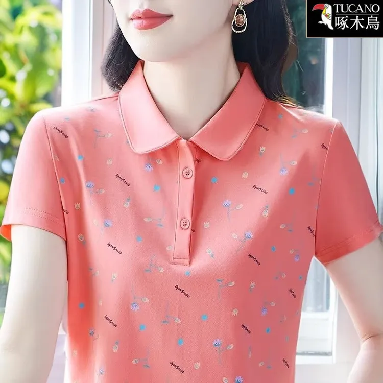 啄木鸟纽扣POLO领短袖遮肚T恤女2025年新款韩版夏装纯色印花上衣