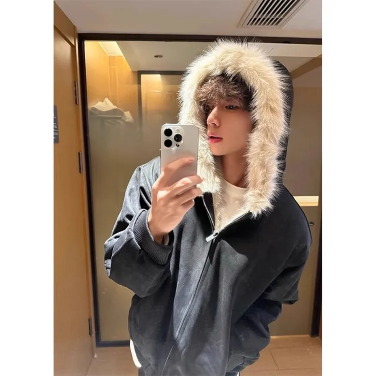 黑色座山雕毛领派克服男款秋冬百搭保暖连帽棉服高街潮牌休闲棉衣