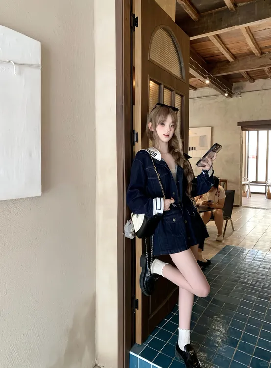 青空航线 夏季新款纯欲风miu系牛仔设计感海军风牛仔外套半裙套装