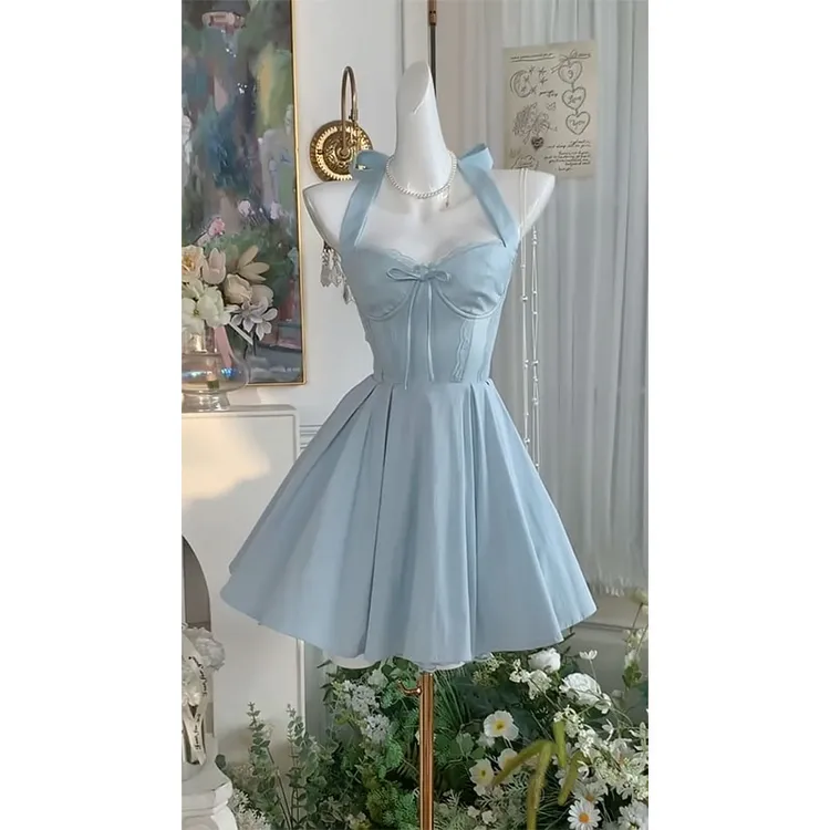 蓝色挂脖蝴蝶结蕾丝短裙女夏海边度假独特漂亮清纯系掐腰连衣裙子