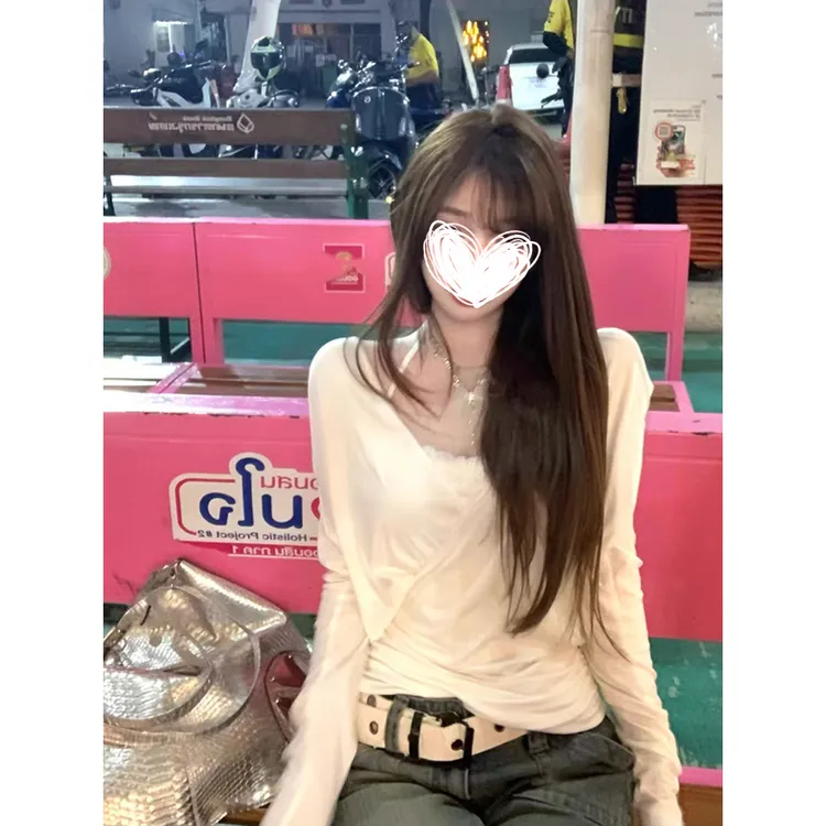 【全糖芭莉】纯欲大领口V领收腰长袖上衣蕾丝挂脖吊带两件套装