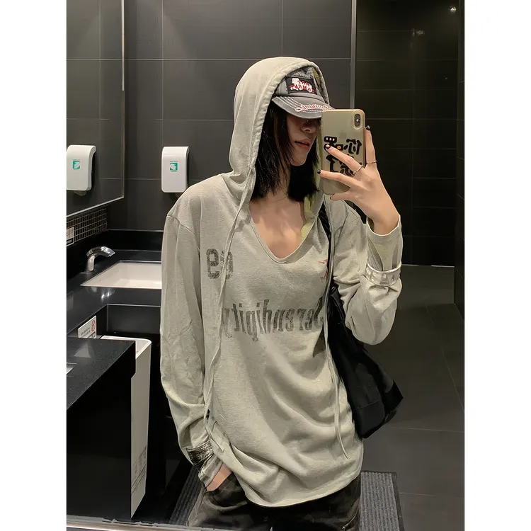 美式做旧字母印花连帽防晒罩衫长袖T恤抽绳宽松女休闲V领上衣
