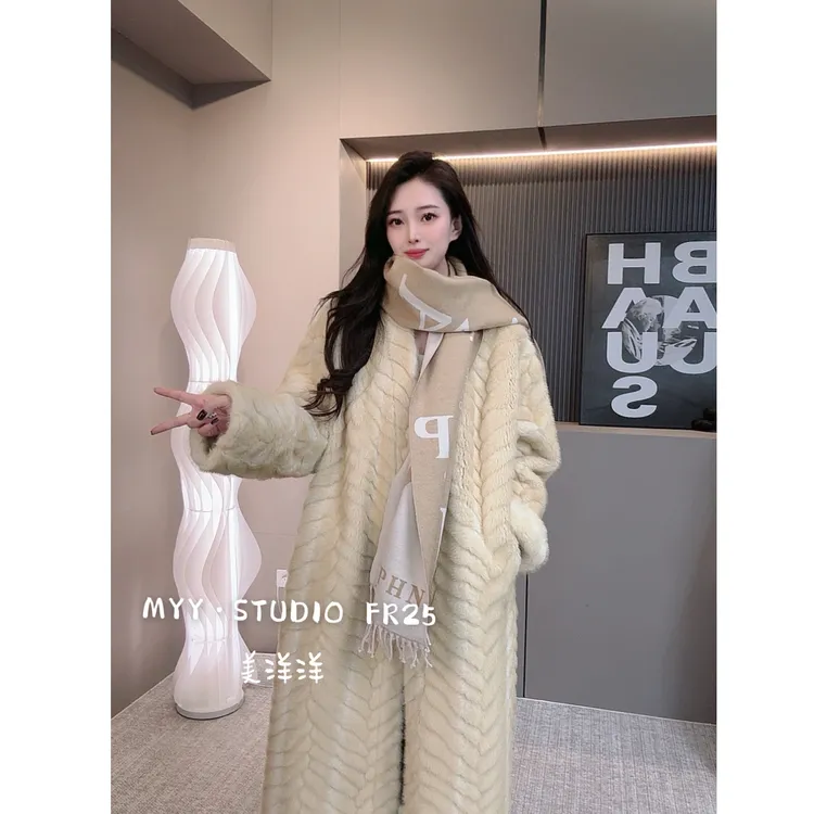 人造皮草 MYY｜V领 环保金叶貂 加厚保暖百搭毛毛长款外套190