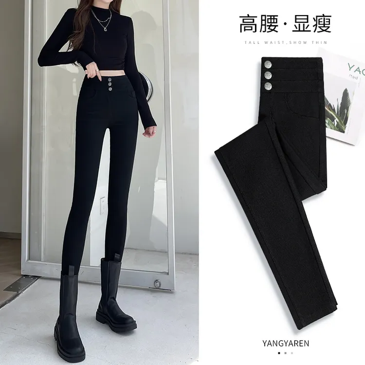 小黑裤女2025新款春秋季高腰显瘦小个子紧身裤弹性魔术加绒打底裤
