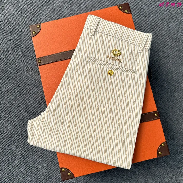 2025男士夏季薄款冰丝印花直筒裤修身商务条纹男裤弹力免烫长裤子