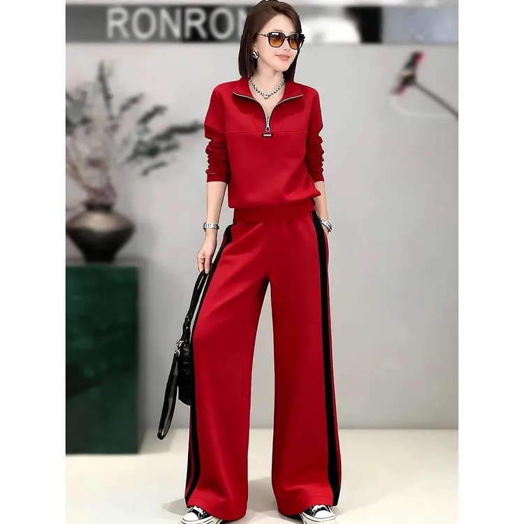 红色休闲运动套装女高级感半拉链套头卫衣条纹长裤冬季穿搭一整套