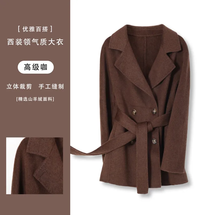 秋冬女士中长款山羊绒翻领双排扣通勤气质优雅手工山羊绒大衣