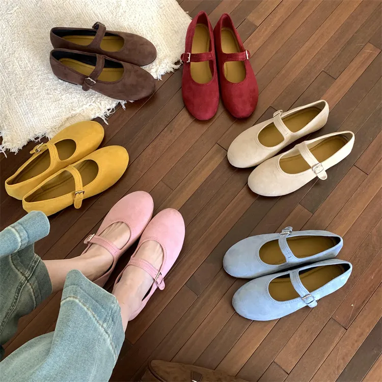 韩版圆头浅口鞋绒面芭蕾舞单鞋早春扣带玛丽珍百搭平底晚晚鞋瓢鞋