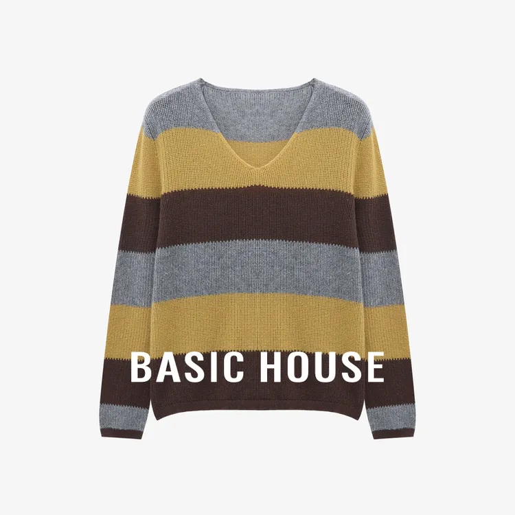Basic House/百家好秋季新款时尚简约撞色条纹针织衫-B0625B5KMP2
