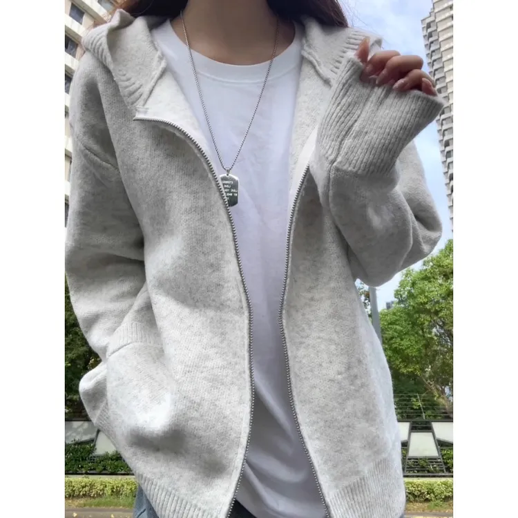 美式慵懒风灰色连帽针织开衫男秋季高级感潮牌双拉链毛衣休闲外套