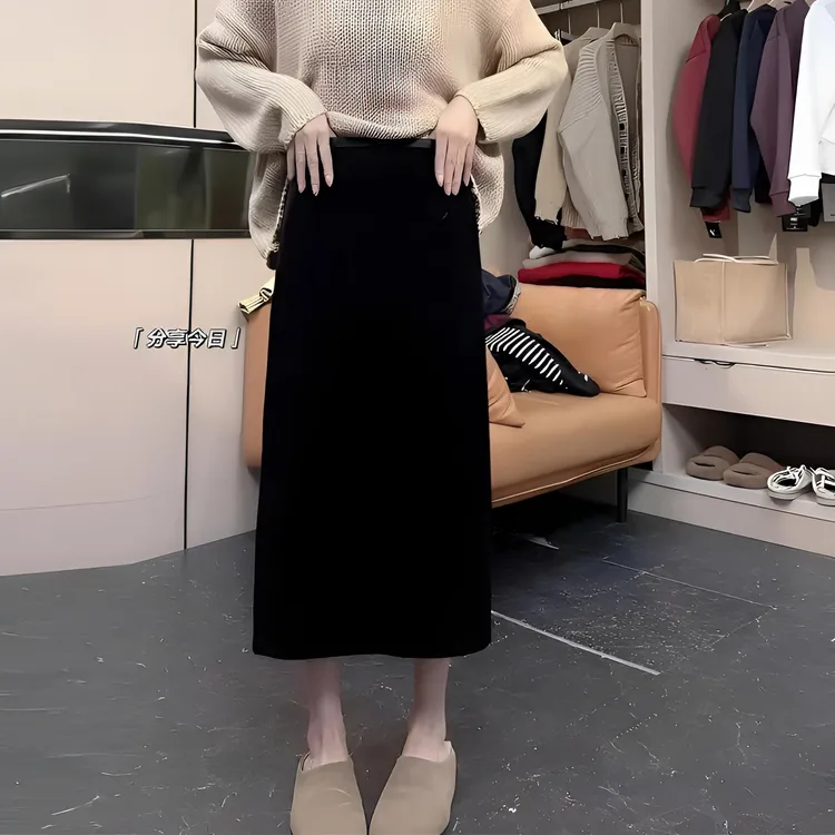 大码丝绒半身裙子半裙女秋冬加绒加厚高腰显瘦中长款开叉A字裙