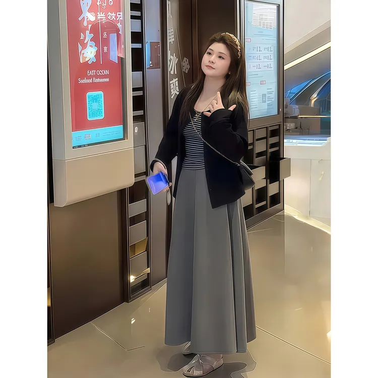 时尚辣妹条纹吊带背心外搭开衫女秋季新款高腰半身长裙子两件套装