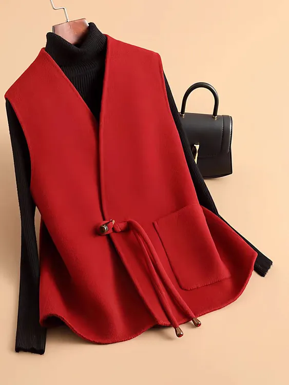 高品质手工短款马甲毛呢外套女2025春秋新中式国风红色呢子马夹F