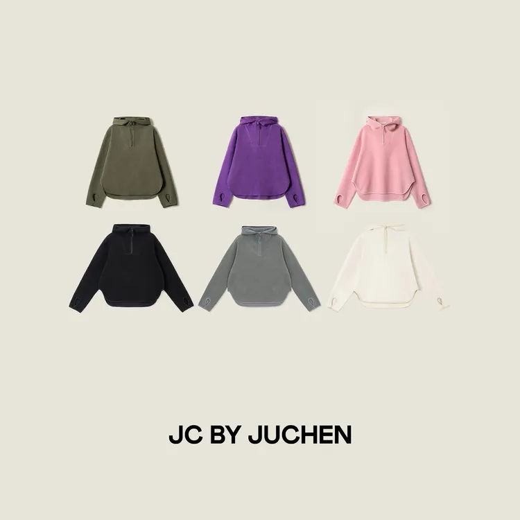 秋冬”短绒绒“哈苏半拉链圆弧下摆休闲连帽摇粒绒卫衣2210632