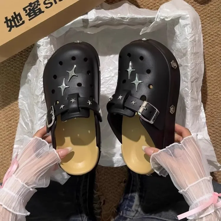 爆款EVA包头5cm增高洞洞鞋女款外穿夏百搭时尚卡通厚底勃肯凉拖鞋