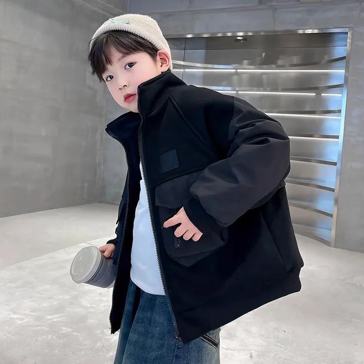男童黑色工装夹棉外套秋冬款2025新款儿童潮牌棉衣冬季痞帅库帅气
