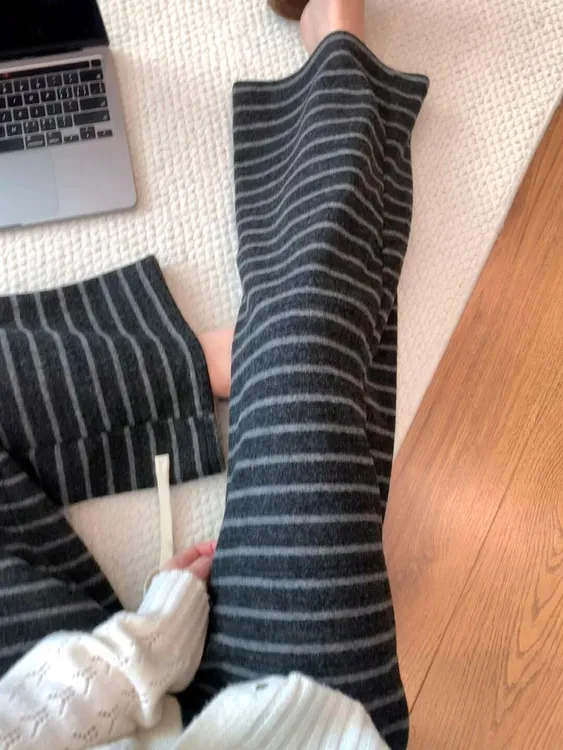 秋冬阔腿裤条纹弹力冬季加绒打底休闲裤轻职风针织显瘦百搭保暖