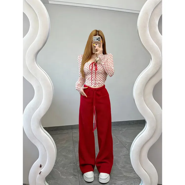 曼曼【漫游日记】宽松直筒阔腿裤女抽绳休闲长裤5062#