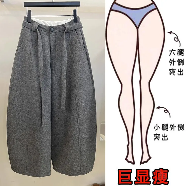  欧货高腰显瘦毛呢直筒休闲裤女秋冬新款宽松简约百搭阔腿九分裤