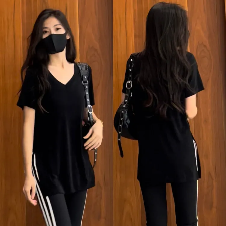 两侧开叉中长款桃心领短袖 V领上衣女宽松显瘦简约百搭正肩T恤