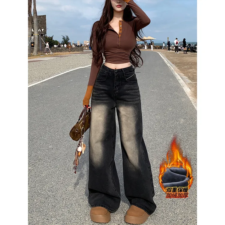 黑灰色加绒水洗刺绣阔腿牛仔裤女2025年冬季新款高腰显瘦阔腿裤