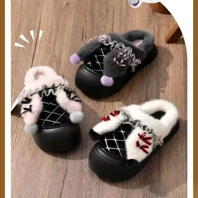 洛丽塔圣诞风毛毛女士冬季可爱氛围感休闲家居室内保暖棉拖鞋