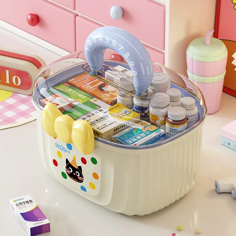 乙木品川多巴胺儿童卡通双层带分隔大容量药盒首饰塑料手提收纳盒
