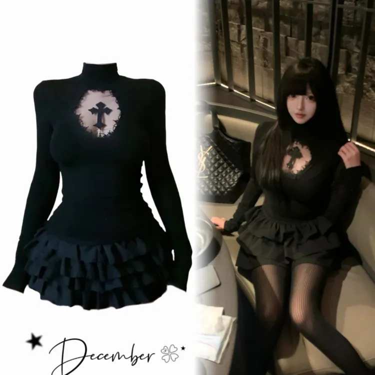 拽姐高领暗黑哥特十字架镂空微透修身打底衫女蓬蓬裙时尚套装冬秋